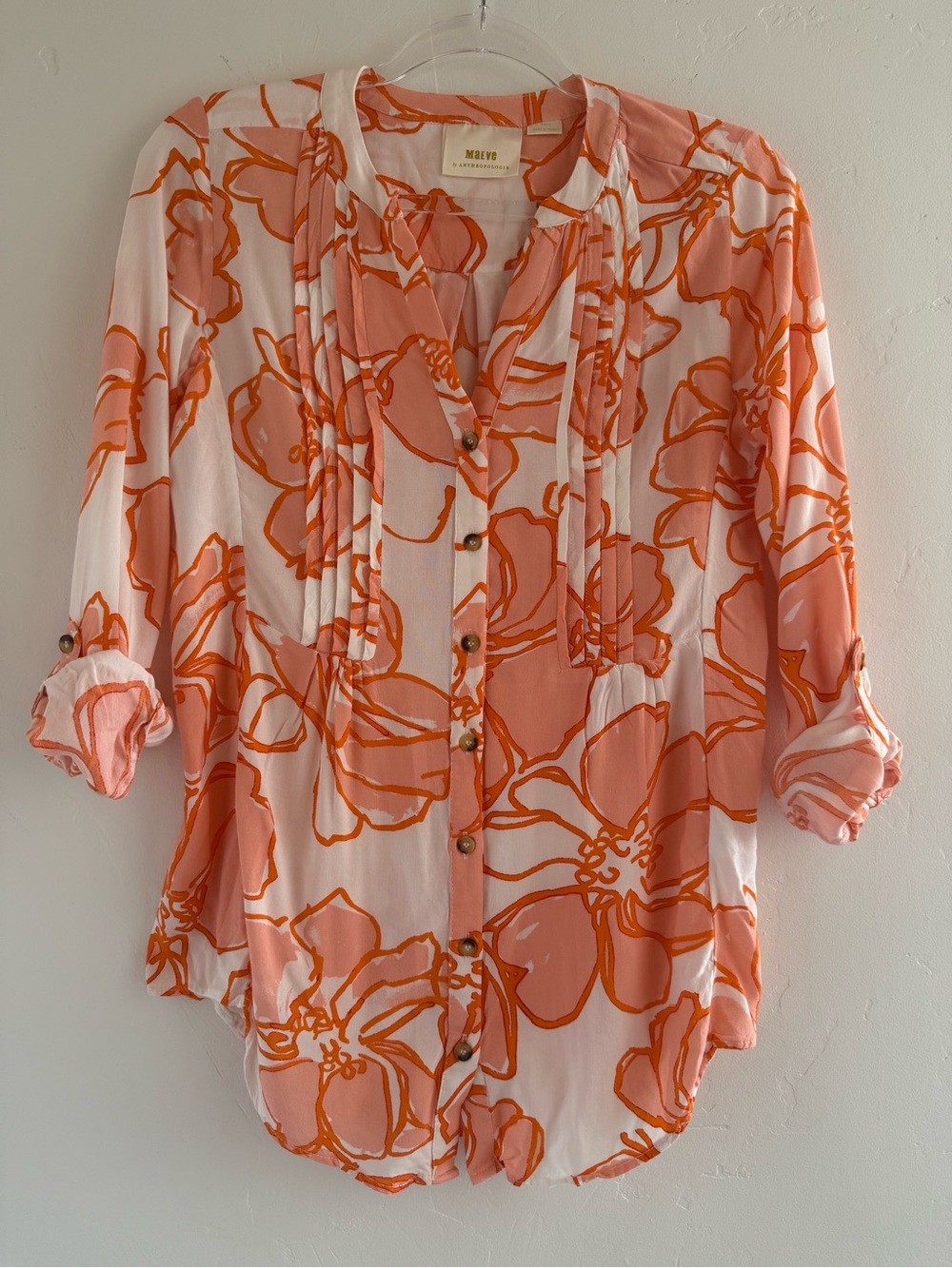 Anthropologie Maeve Floral Button Down Blouse Pink Orange Tunic Top Small